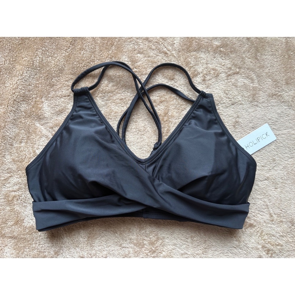 Holipick Womens Black Crossover Wrap Bikini Top Tie Back Size L NWT